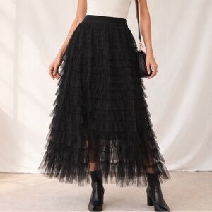 Gabby Isabella Black Whimsigoth tiered Tulle Ruffle Midi Skirt L-XL Gothic Boho
